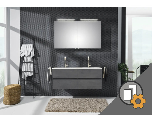 Salle de bains avec meuble sous-vasque double, armoire de toilette éclairée, mur à motifs, échelle à serviettes et icône de configuration.