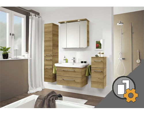 Ensemble meubles de salle de bains aspect chêne avec lavabo, armoire de toilette et armoires dans une salle de bains avec service de montage.