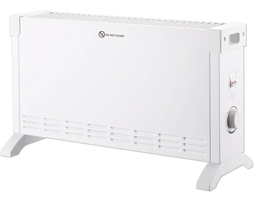 Convecteur électrique mobile avec thermostat réglable, deux interrupteurs et grilles de ventilation.