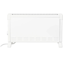 Convecteur blanc avec pieds et fentes de ventilation en haut et en bas.