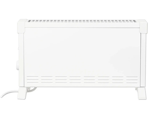 Convecteur blanc avec pieds et fentes de ventilation en haut et en bas.
