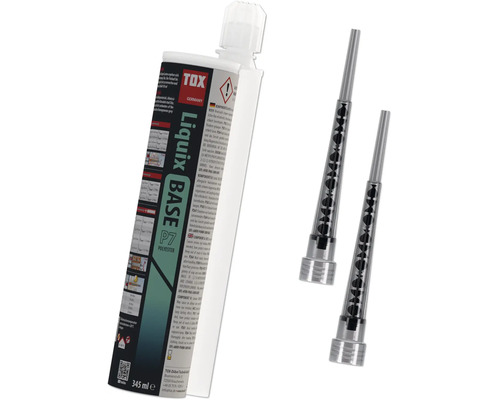 Mortier de scellement TOX Liquix Base P7 polyester, cartouche de 345 millilitres avec deux buses mélangeuses.