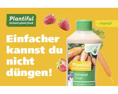 Bouteille d engrais universel Plantiful avec framboises, fraise et carotte. Texte Einfacher kannst du nicht düngen. Logo Plantiful et logo manna.