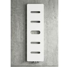 Radiateur design vertical avec cinq ouvertures ovales horizontales pour serviettes, montage mural.