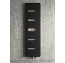 Radiateur design vertical anthracite avec cinq découpes ovales.