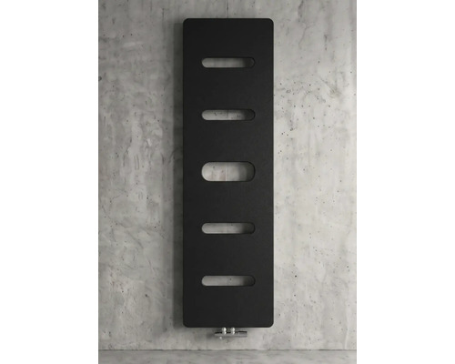 Radiateur design vertical anthracite avec cinq découpes ovales.