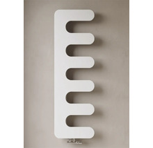 Radiateur de salle de bains vertical moderne avec évidements latéraux et raccordement central.