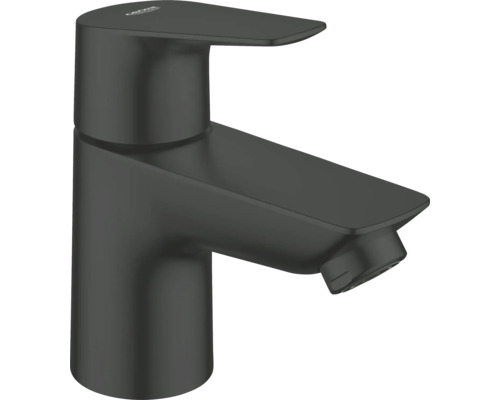 Mitigeur de lavabo monocommande Grohe en noir mat avec bec plat et Grohe Logo.