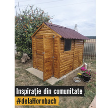 Petit abri de jardin en bois avec toit à deux pans et porte ouverte sur une dalle en béton dans un jardin.