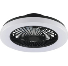 Ventilateur de plafond moderne avec éclairage LED et grille de protection noire.