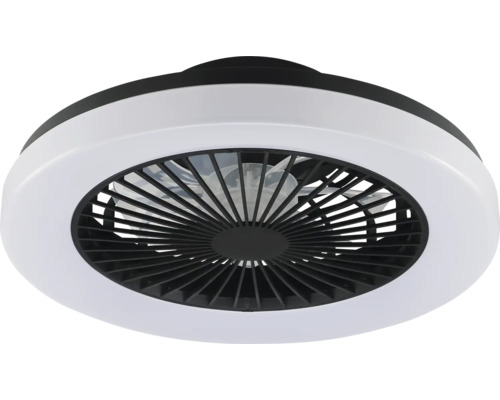 Ventilateur de plafond moderne avec éclairage LED et grille de protection noire.