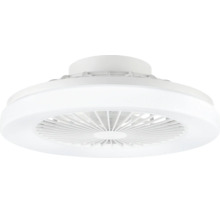 Ventilateur de plafond blanc avec éclairage LED intégré, boîtier compact avec grille de protection pour l'intérieur.