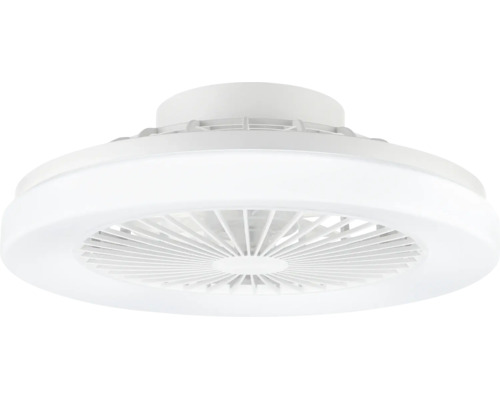 Ventilateur de plafond blanc avec éclairage LED intégré, boîtier compact avec grille de protection pour l'intérieur.