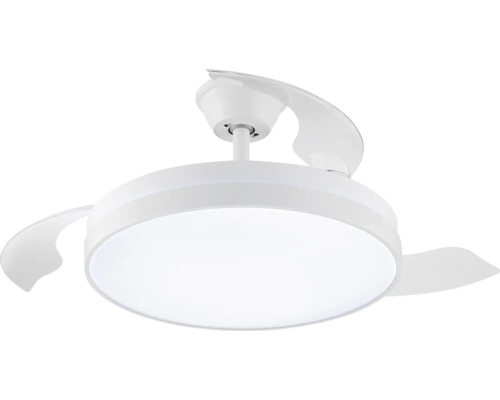 Ventilateur de plafond blanc moderne avec éclairage intégré et pales escamotables.