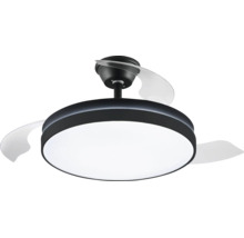 Ventilateur de plafond moderne avec éclairage LED et pales rétractables.
