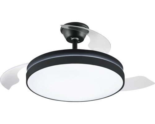 Ventilateur de plafond moderne avec éclairage LED et pales rétractables.