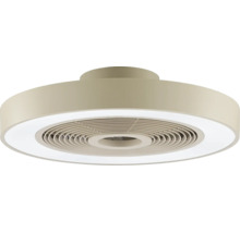 Ventilateur de plafond moderne avec anneau lumineux à LED intégré et boîtier rond.