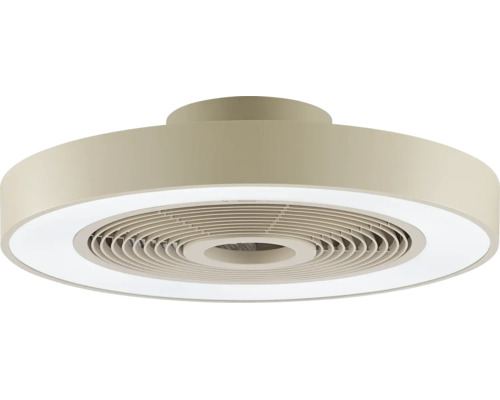 Ventilateur de plafond moderne avec anneau lumineux à LED intégré et boîtier rond.