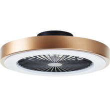 Ventilateur de plafond rond moderne en aspect bronze avec anneau lumineux à LED intégré et grille de protection.