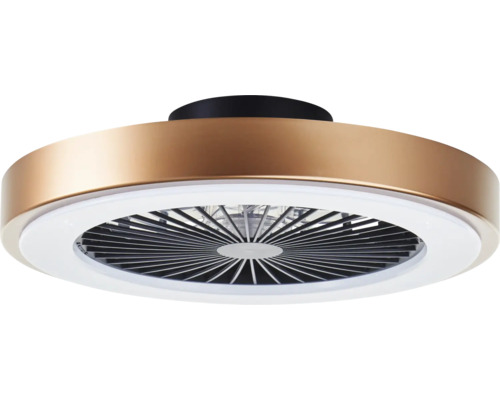Ventilateur de plafond rond moderne en aspect bronze avec anneau lumineux à LED intégré et grille de protection.