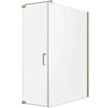 Cabine de douche d angle avec une porte battante et une paroi latérale en verre et des profilés et poignées dorés.