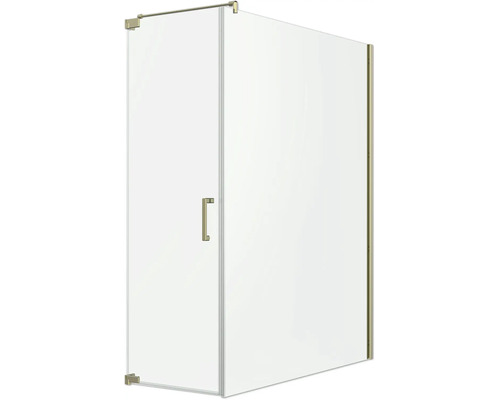 Cabine de douche d angle avec une porte battante et une paroi latérale en verre et des profilés et poignées dorés.