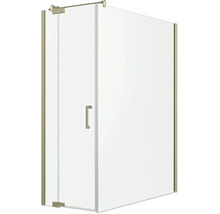 Cabine de douche en verre avec une porte pivotante, une poignée en métal et des profilés muraux stabilisateurs.