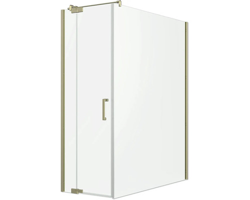 Cabine de douche en verre avec une porte pivotante, une poignée en métal et des profilés muraux stabilisateurs.