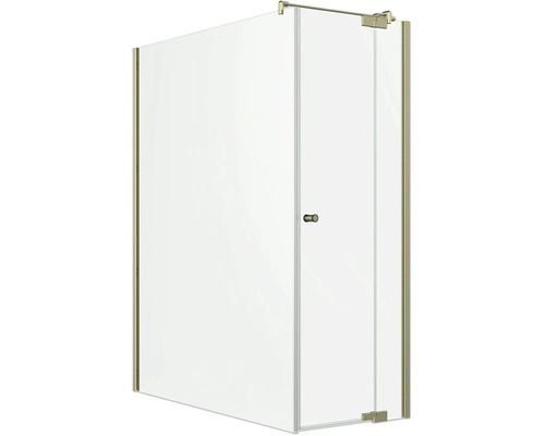 Cabine de douche d'angle en verre avec profilés métalliques, porte pivotante et barre de stabilisation.