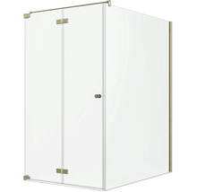 Cabine de douche en verre transparent avec charnières dorées et poignée de porte ronde, douche en angle pour la salle de bain.