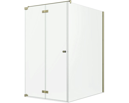 Cabine de douche en verre transparent avec charnières dorées et poignée de porte ronde, douche en angle pour la salle de bain.