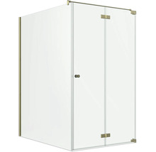 Cabine de douche d'angle en verre avec ferrures, charnières et bouton de porte dorés.