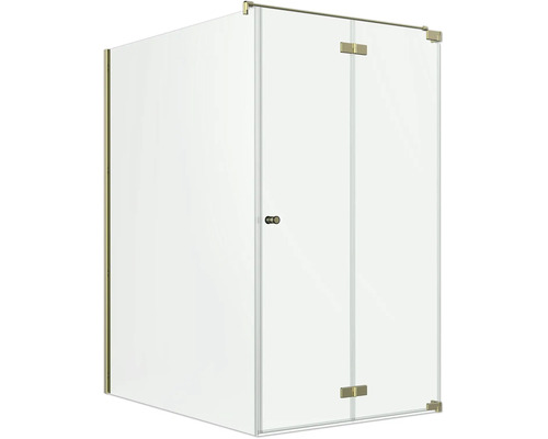 Cabine de douche d'angle en verre avec ferrures, charnières et bouton de porte dorés.