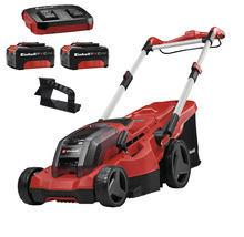 Set tondeuse à gazon sans fil Einhell avec deux batteries, chargeur double et kit mulching.