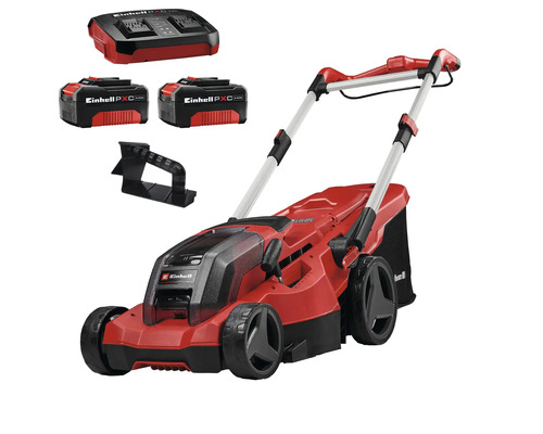 Set tondeuse à gazon sans fil Einhell avec deux batteries, chargeur double et kit mulching.
