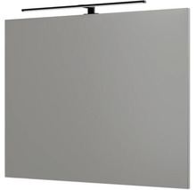 Miroir de salle de bain rectangulaire avec applique LED noire.
