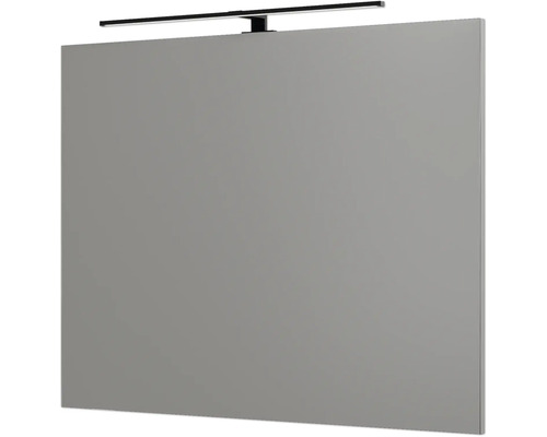 Miroir de salle de bain rectangulaire avec applique LED noire.
