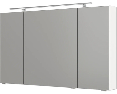 Armoire de toilette à trois portes pour salle de bains avec éclairage LED et poignées intégrées.