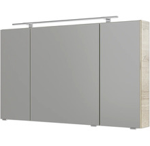 Armoire de toilette avec trois portes, éclairage LED et corps aspect bois.