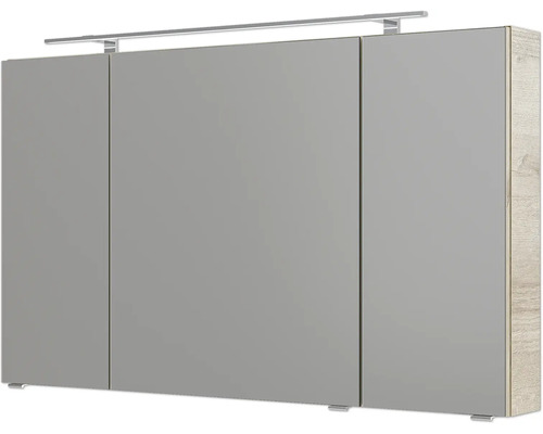 Armoire de toilette avec trois portes, éclairage LED et corps aspect bois.