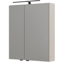 Armoire de toilette pour salle de bains avec deux portes miroir et un éclairage LED supérieur.
