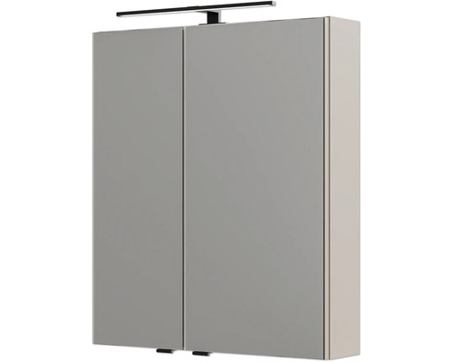 Armoire de toilette pour salle de bains avec deux portes miroir et un éclairage LED supérieur.