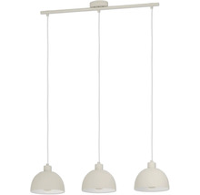 Suspension à trois lampes avec barre en métal et trois abat-jour en forme de demi-sphère.