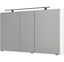 Armoire de toilette de salle de bains à trois portes avec luminaire LED noir et poignées.