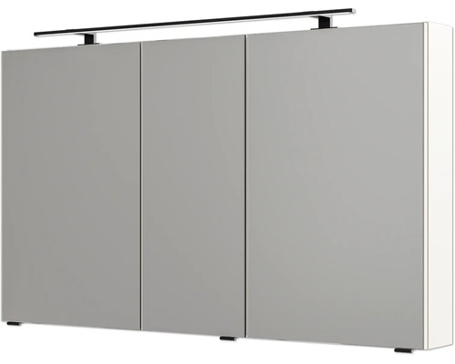 Armoire de toilette de salle de bains à trois portes avec luminaire LED noir et poignées.