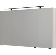 Armoire de toilette à trois portes avec un luminaire LED noir sur le dessus.