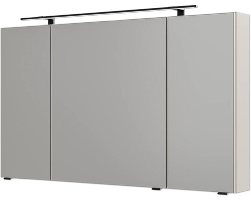 Armoire de toilette à trois portes avec un luminaire LED noir sur le dessus.