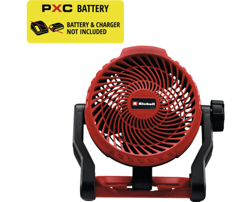 Ventilateur sans fil Einhell rouge avec support réglable et grille en spirale. Batterie et chargeur non inclus. Einhell Logo.