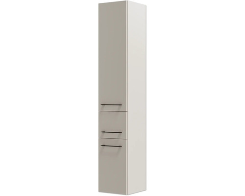 Hochschrank für das Badezimmer mit einer Tür, zwei Schubladen und schwarzen Griffen.
