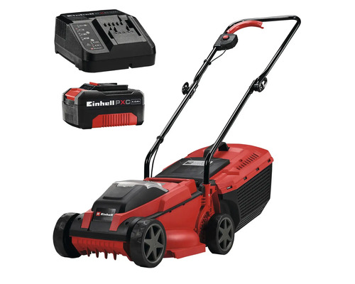 Tondeuse à gazon sans fil Einhell rouge comprenant une batterie Power X-Change de 4,0 Ampères-heures et un chargeur.